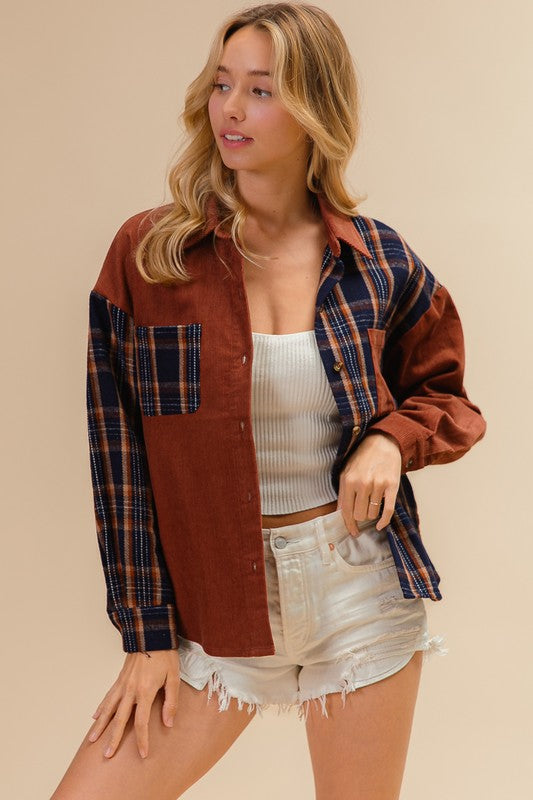 Leila Corduroy and Flannel Button Down Shacket: Rust/Navy