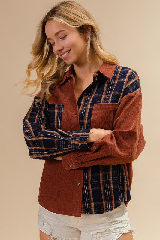 Leila Corduroy and Flannel Button Down Shacket: Rust/Navy