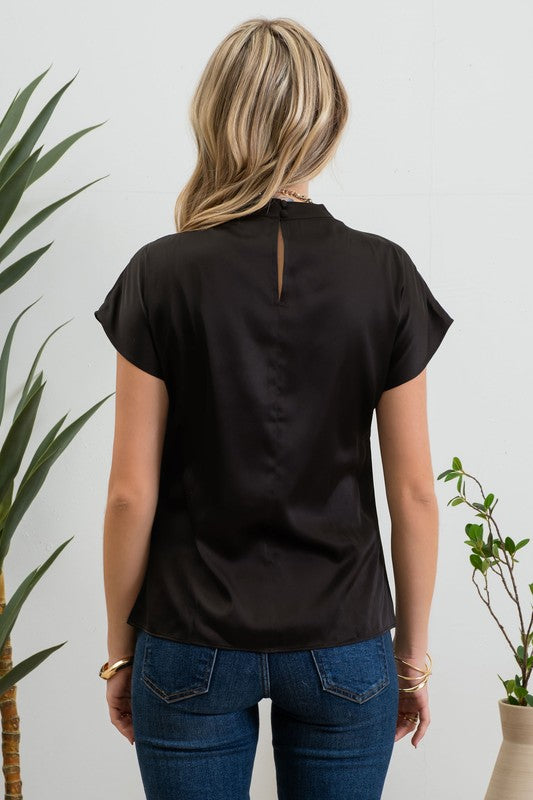 Bianca Satin Short Sleeve Blouse: Black