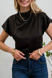 Bianca Satin Short Sleeve Blouse: Black