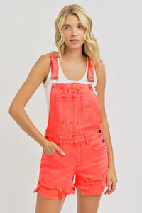 Poppy Neon Denim Shortalls: Coral