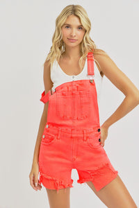 Poppy Neon Denim Shortalls: Coral