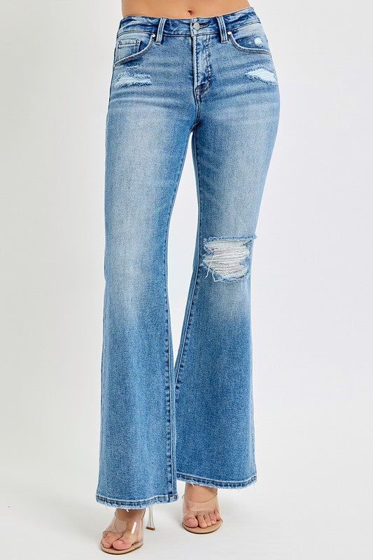 Risen Tummy Control Mid Rise Flare Jeans: Medium Wash