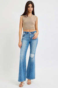 Risen Tummy Control Mid Rise Flare Jeans: Medium Wash