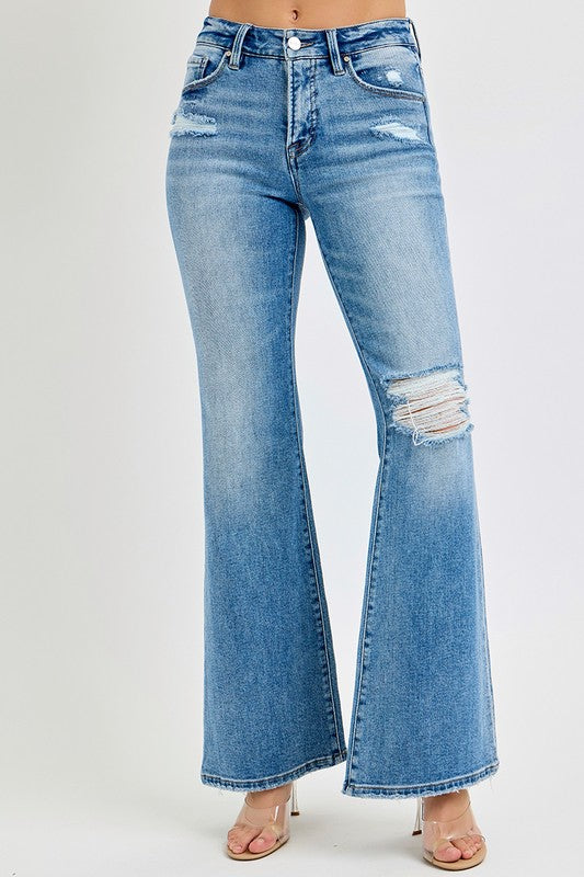 Risen Tummy Control Mid Rise Flare Jeans: Medium Wash