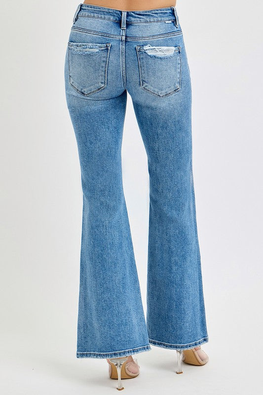 Risen Tummy Control Mid Rise Flare Jeans: Medium Wash