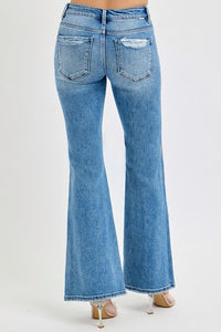 Risen Tummy Control Mid Rise Flare Jeans: Medium Wash