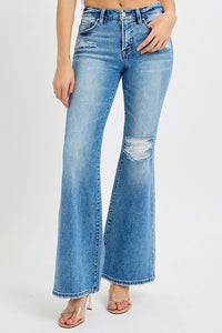 Risen Tummy Control Mid Rise Flare Jeans: Medium Wash