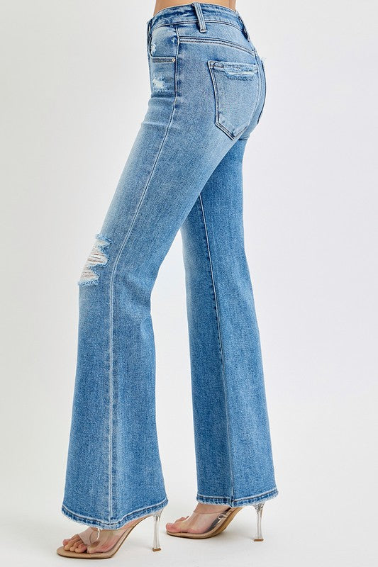 Risen Tummy Control Mid Rise Flare Jeans: Medium Wash