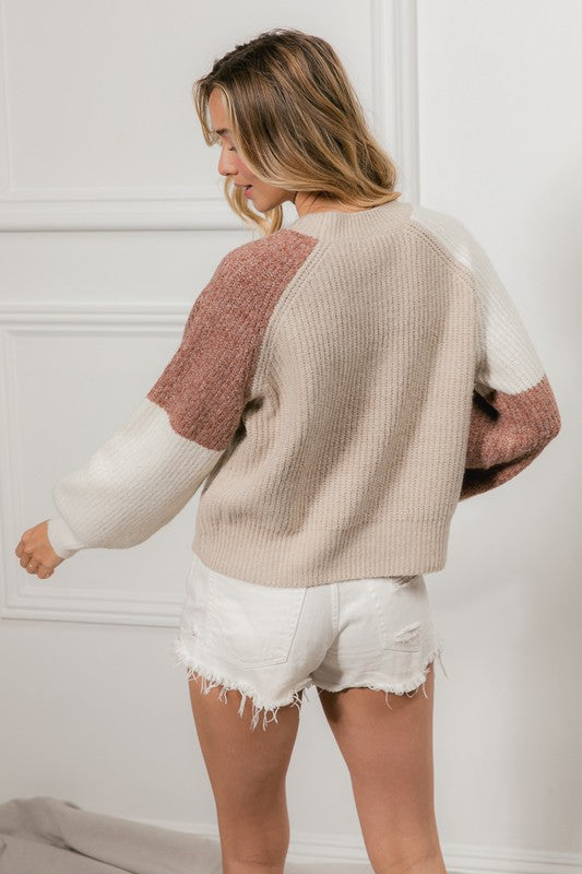 Katelyn Color Block Cozy Sweater: Mocha/ Oatmeal