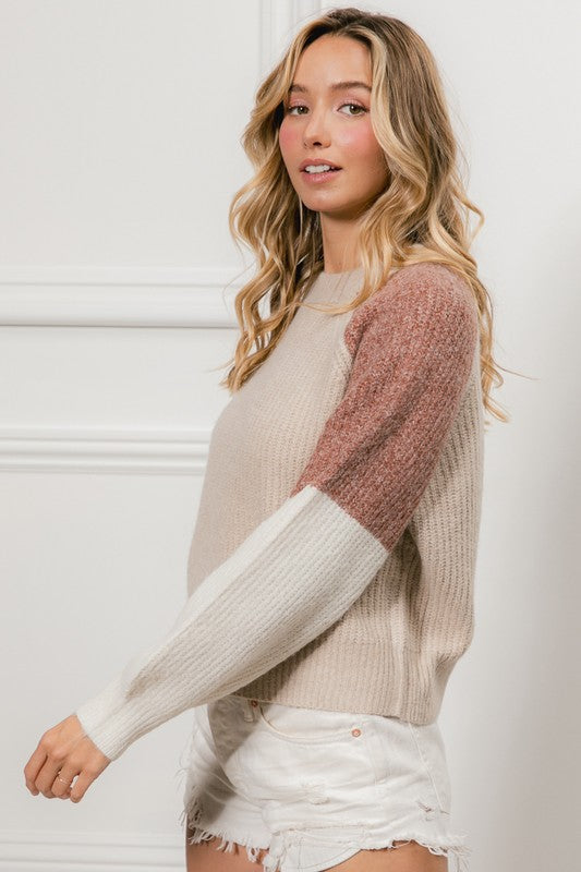 Katelyn Color Block Cozy Sweater: Mocha/ Oatmeal