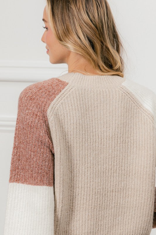 Katelyn Color Block Cozy Sweater: Mocha/ Oatmeal