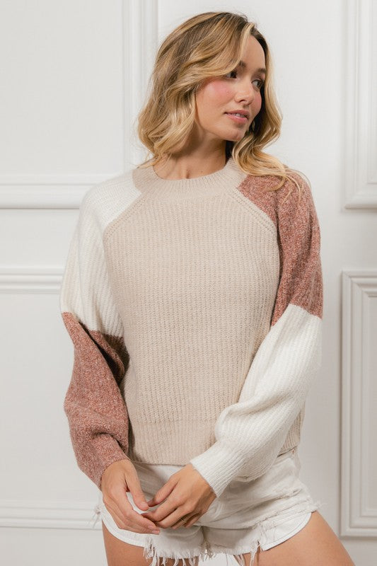 Katelyn Color Block Cozy Sweater: Mocha/ Oatmeal