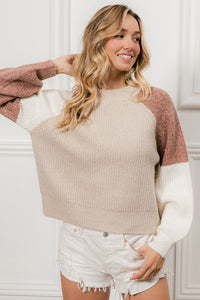 Katelyn Color Block Cozy Sweater: Mocha/ Oatmeal