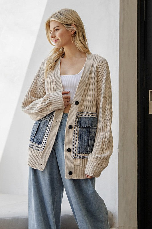 Willow Oversized Denim Pocket Cardigan:Oatmeal