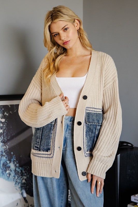 Willow Oversized Denim Pocket Cardigan:Oatmeal