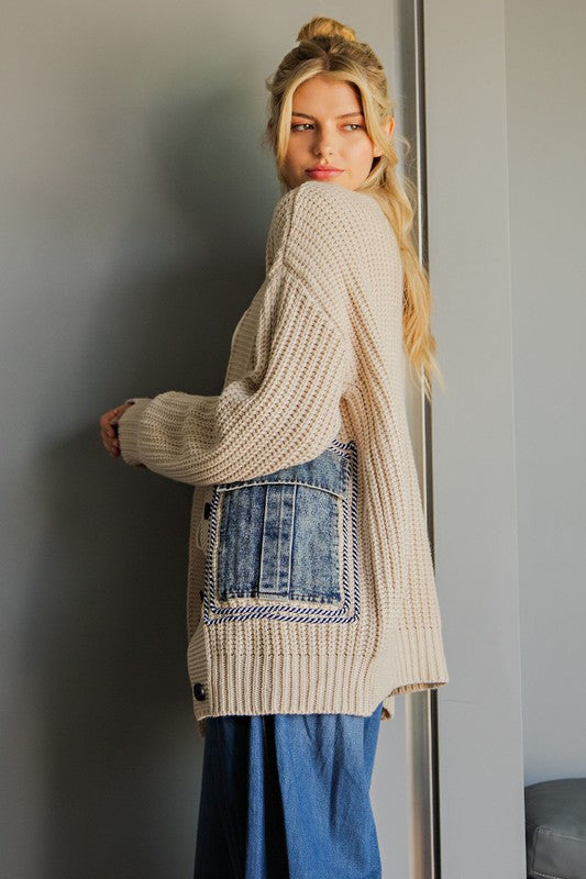 Willow Oversized Denim Pocket Cardigan:Oatmeal