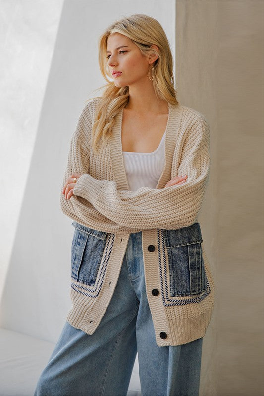 Willow Oversized Denim Pocket Cardigan:Oatmeal