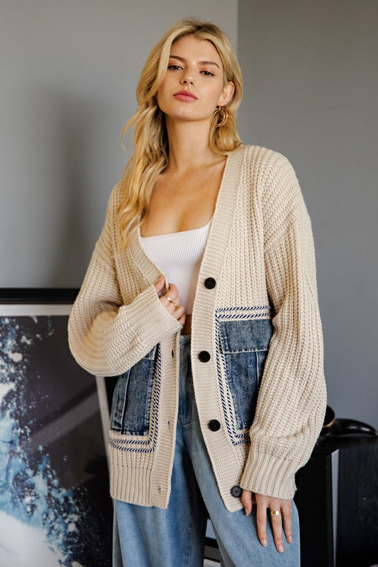 Willow Oversized Denim Pocket Cardigan:Oatmeal