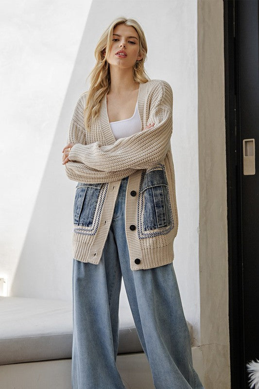 Willow Oversized Denim Pocket Cardigan:Oatmeal