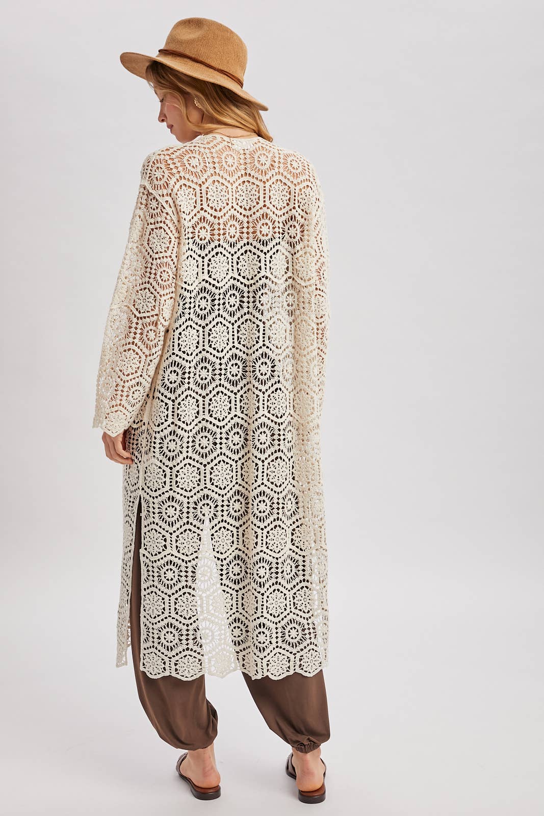 BOHO LONG LINE SIDE SLIT CROCHET CARDIGAN: NATURAL