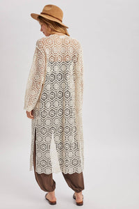 BOHO LONG LINE SIDE SLIT CROCHET CARDIGAN: NATURAL