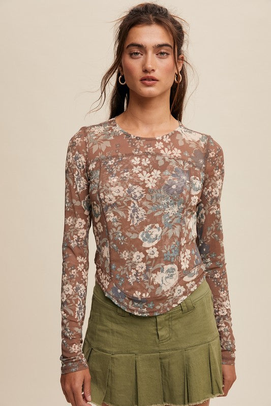 Jayla  Floral Print Mesh Fitted Long Sleeve Top