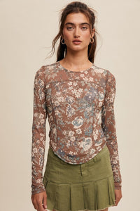 Jayla  Floral Print Mesh Fitted Long Sleeve Top