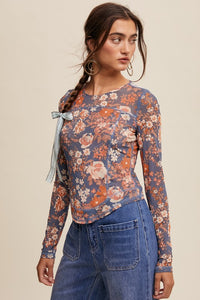 Jayla  Floral Print Mesh Fitted Long Sleeve Top