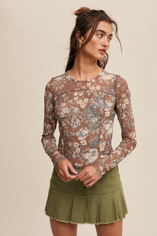 Jayla  Floral Print Mesh Fitted Long Sleeve Top