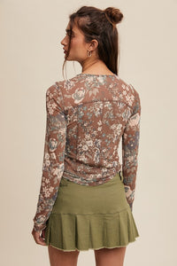 Jayla  Floral Print Mesh Fitted Long Sleeve Top