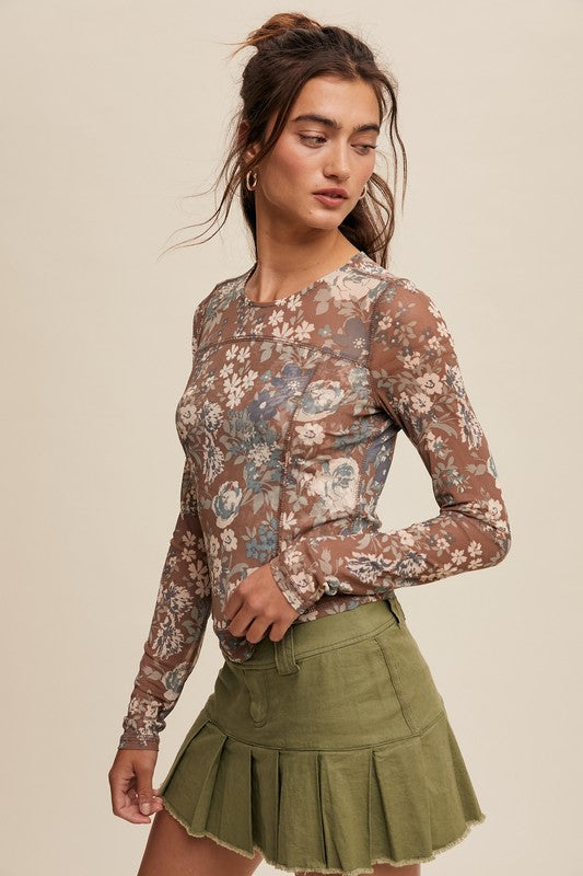 Jayla  Floral Print Mesh Fitted Long Sleeve Top