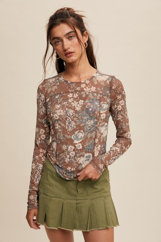 Jayla  Floral Print Mesh Fitted Long Sleeve Top