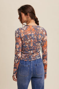 Jayla  Floral Print Mesh Fitted Long Sleeve Top