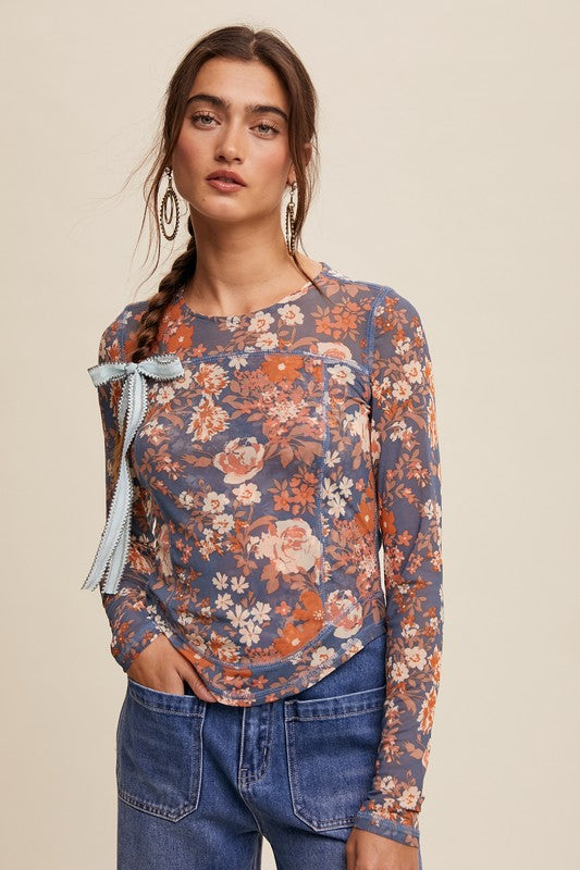 Jayla  Floral Print Mesh Fitted Long Sleeve Top