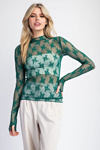 Midnight Garden Lace Mock Neck Top – Sheer Long Sleeve Layering Blouse