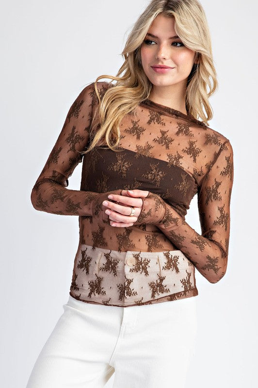 Midnight Garden Lace Mock Neck Top – Sheer Long Sleeve Layering Blouse