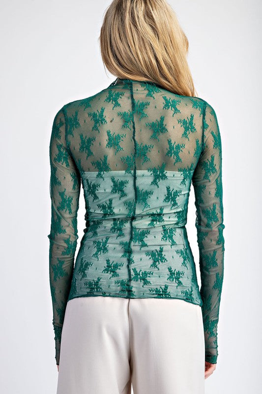 Midnight Garden Lace Mock Neck Top – Sheer Long Sleeve Layering Blouse