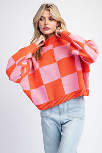 Lanna Checker Print Crop Sweater: Pink/Orange