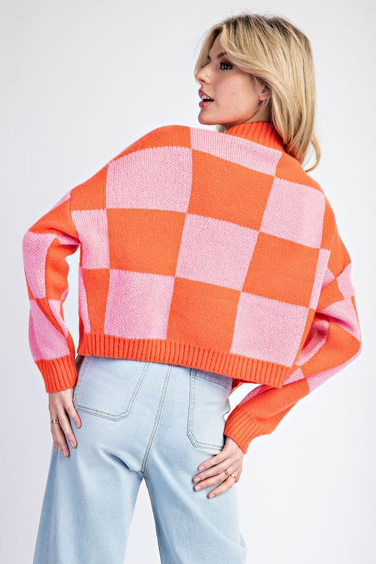 Lanna Checker Print Crop Sweater: Pink/Orange