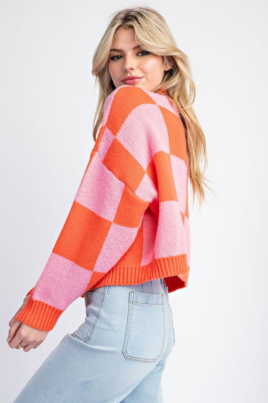 Lanna Checker Print Crop Sweater: Pink/Orange