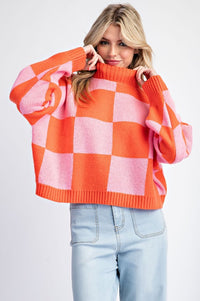 Lanna Checker Print Crop Sweater: Pink/Orange