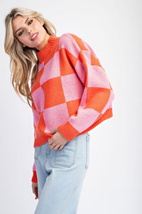 Lanna Checker Print Crop Sweater: Pink/Orange