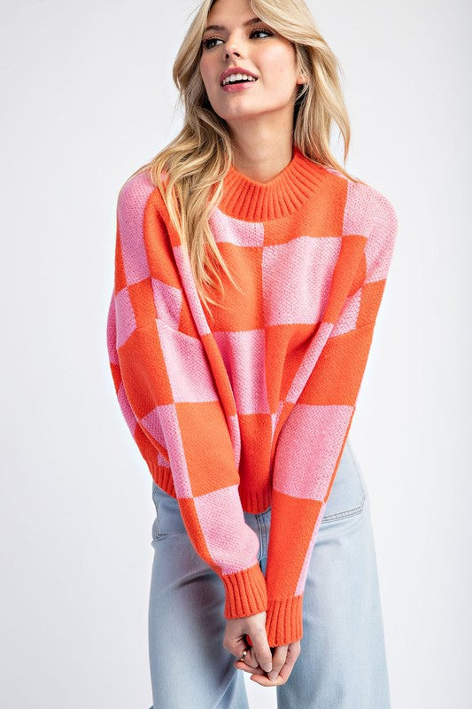 Lanna Checker Print Crop Sweater: Pink/Orange