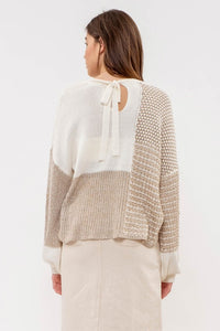 Kaylyn Color Block Tie Back Casual Lightweight Sweater: Taupe