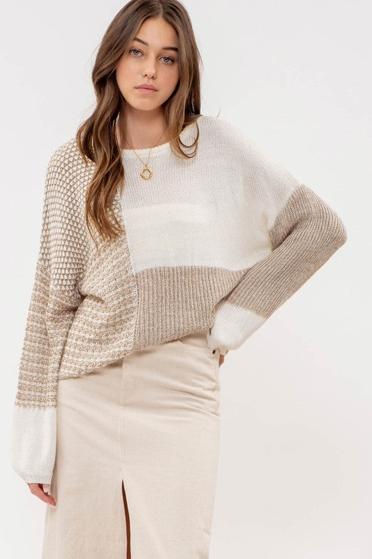 Kaylyn Color Block Tie Back Casual Lightweight Sweater: Taupe