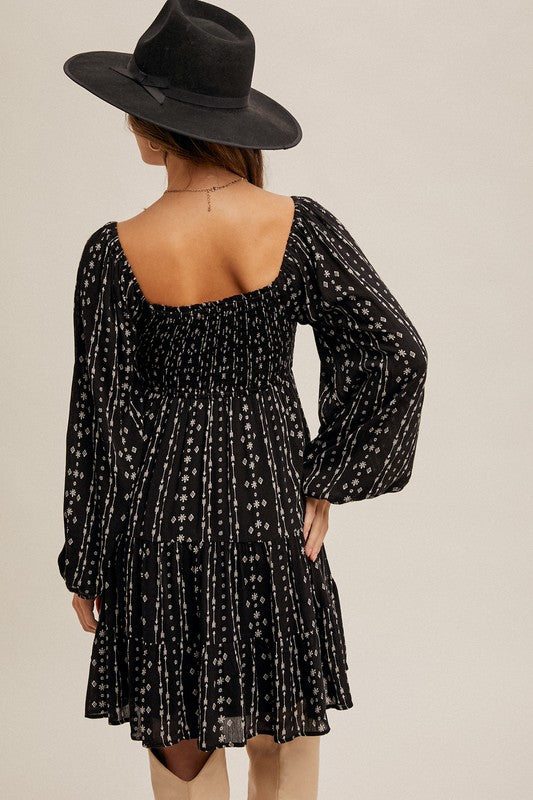 Willow Boho Print Smocked Bubble Sleeve Dress: Black