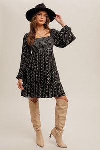 Willow Boho Print Smocked Bubble Sleeve Dress: Black