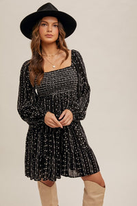 Willow Boho Print Smocked Bubble Sleeve Dress: Black