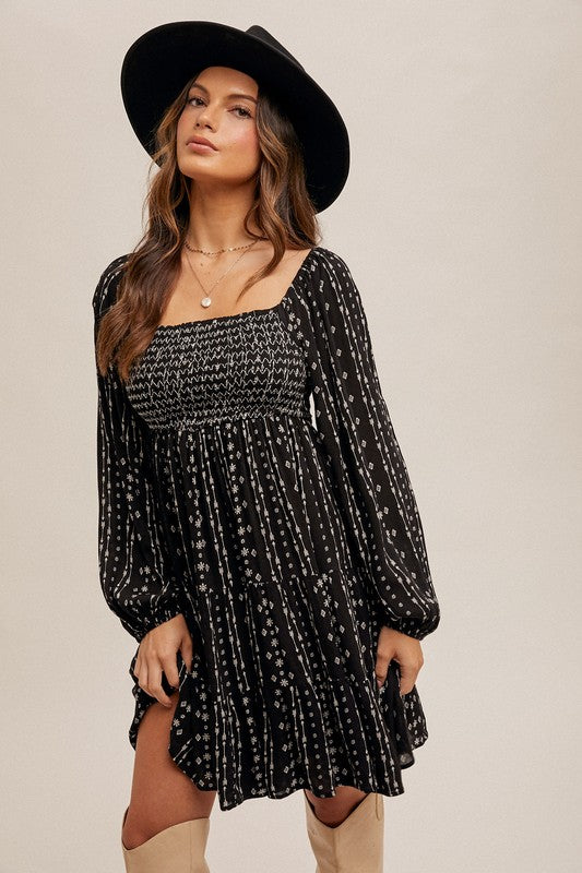 Willow Boho Print Smocked Bubble Sleeve Dress: Black